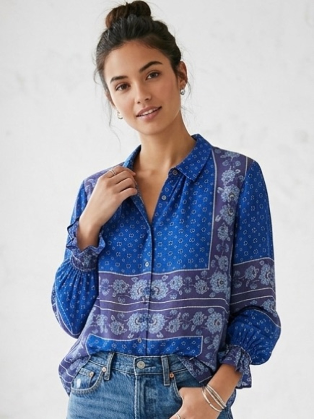 FREE PEOPLE Blue Paisley Print Long Sleeve Blouse